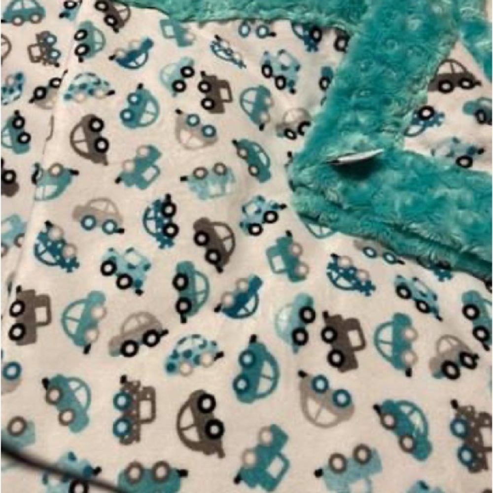 Minky Blanket, Tween Size, blue rosettes on a car print. Never used